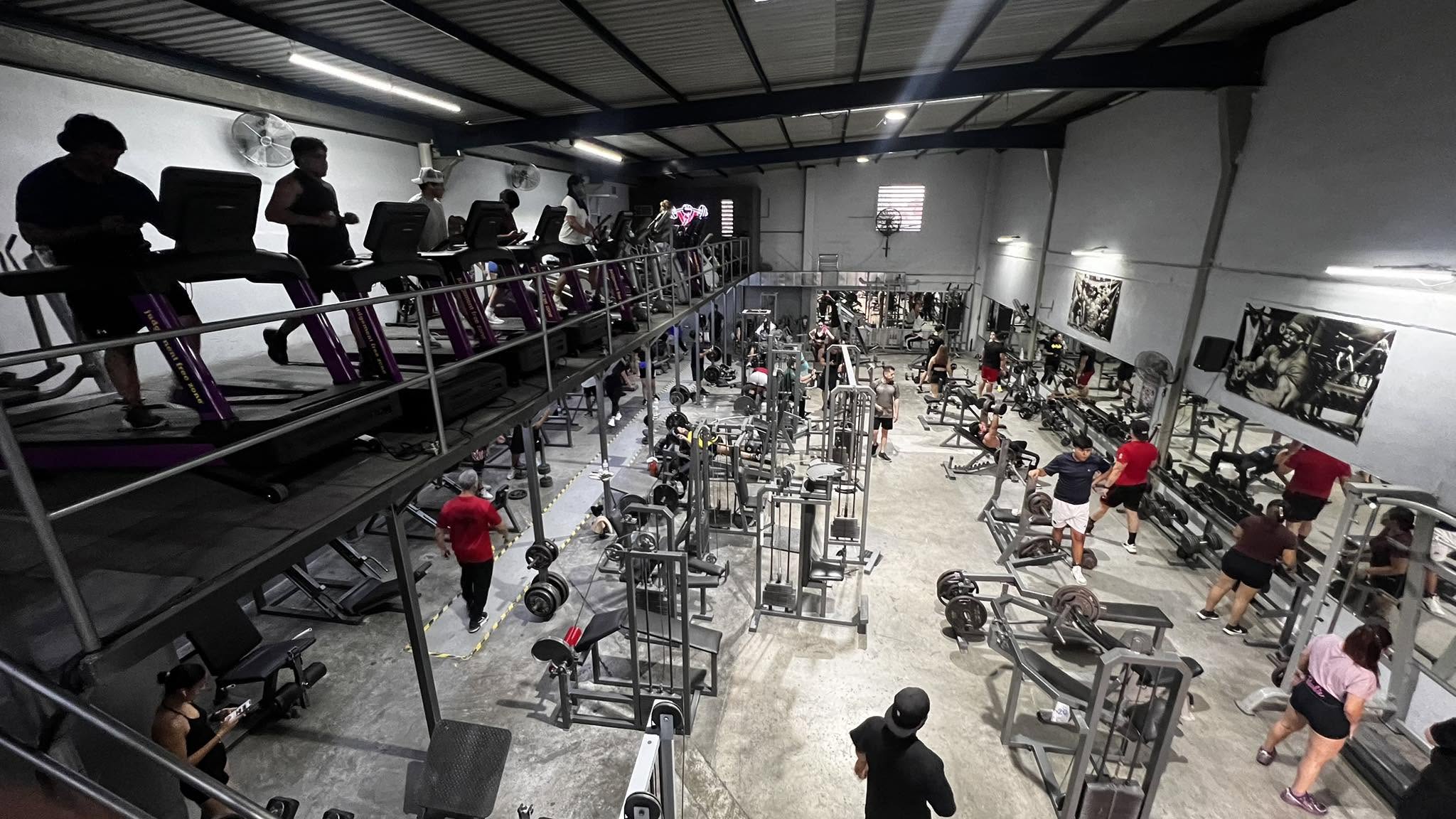 Área de peso libre de Valero's Gym con mancuernas y barra Z en primer plano